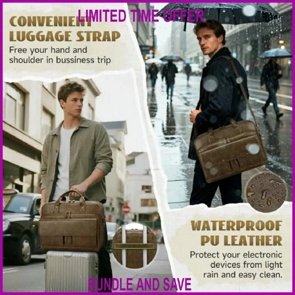 15.6 Inch PU Leather Messenger Bag with Laptop Compartment & Luggage Strap
